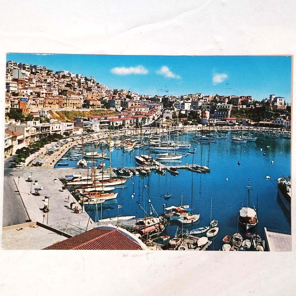 Vintage Piraeus Greece Postcard Tourkolimano Harbor Buffalo Bill Stamp